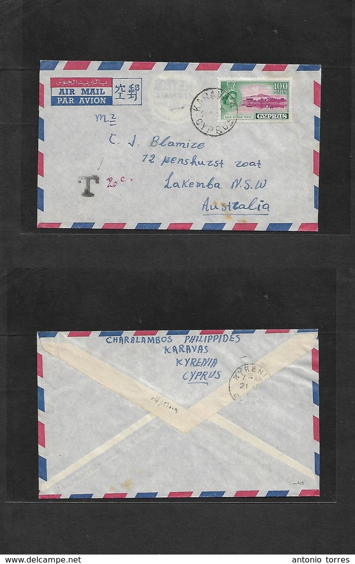 Bc - Cyprus. 1960 (21 July) Karavas Routed Post. Air Single 100rs Fkd Env To Australia, Lakemba, NSW Taxed + "T" "20c" V - Andere & Zonder Classificatie