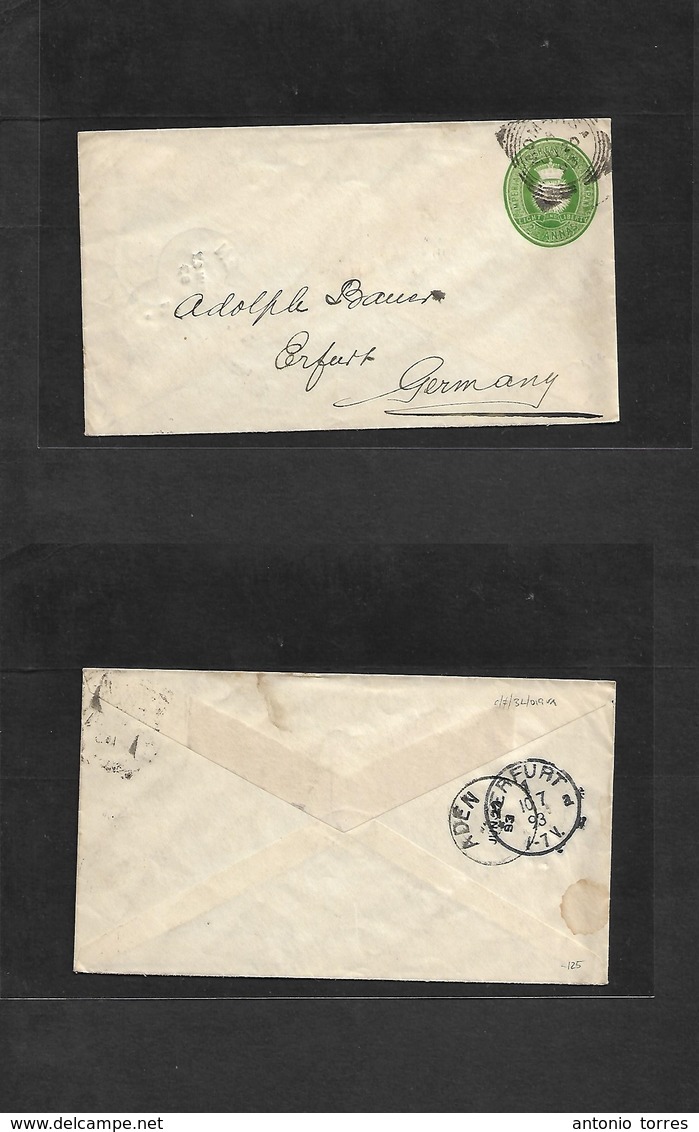 Bc - East Africa. 1893 (20 June) Mombasa - Germany, Erfurt (10 July) Via Aden (27 June) Early 2 Annas Green Embossed Sta - Other & Unclassified