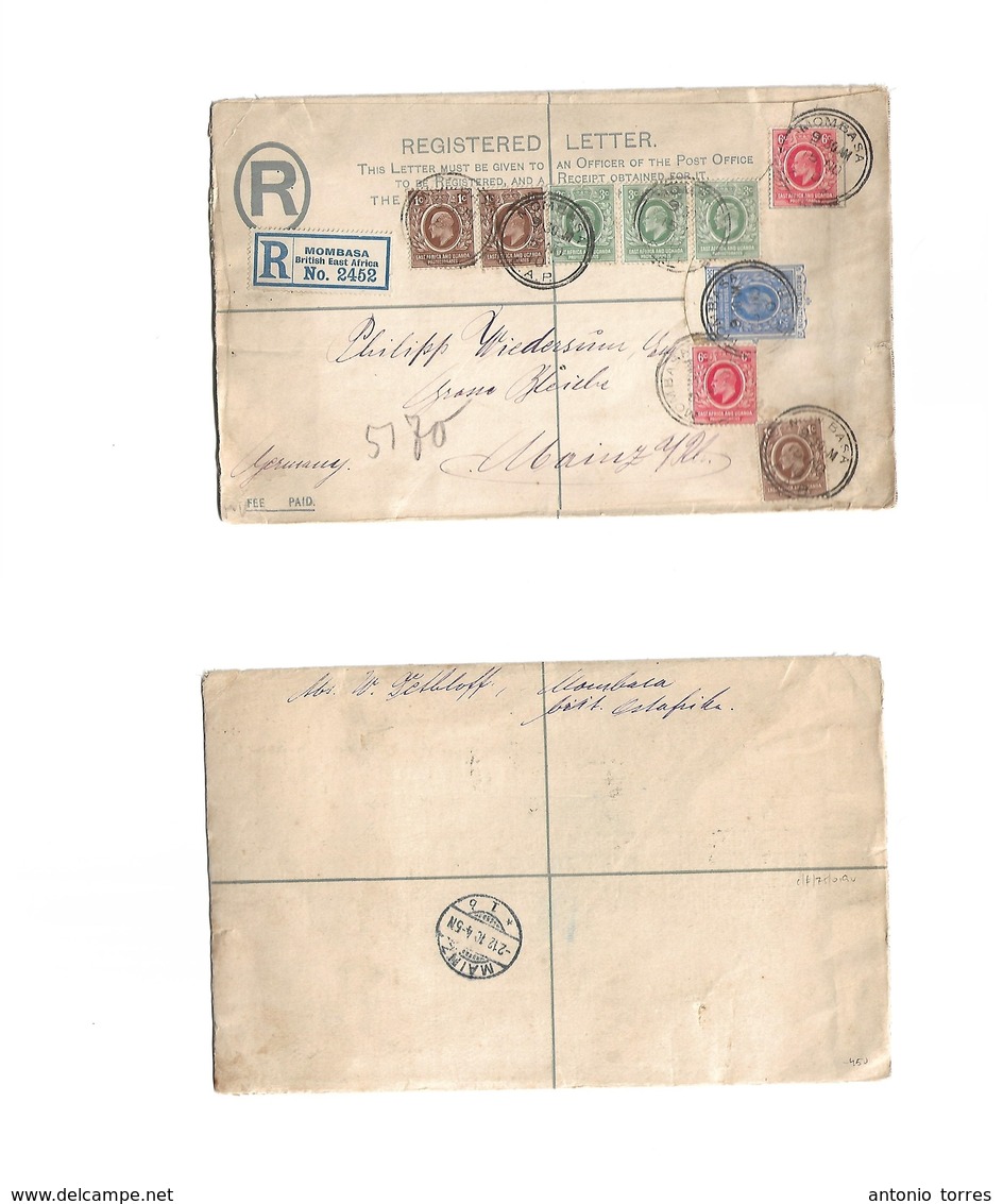 Bc - East Africa. 1910 (15 Nov) Mombasa - Germany, Mainz (2 Dec) Registered 2a Blue Stat Env + 8 Adtls, Cds + R-label. V - Otros & Sin Clasificación