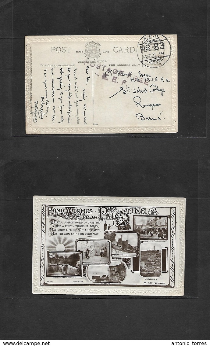 Bc - East Africa. 1919 (28 July) Palestine / Indian Contingent "FPO 83" + Violet "postage Free /EEF" Card Addressed To R - Autres & Non Classés