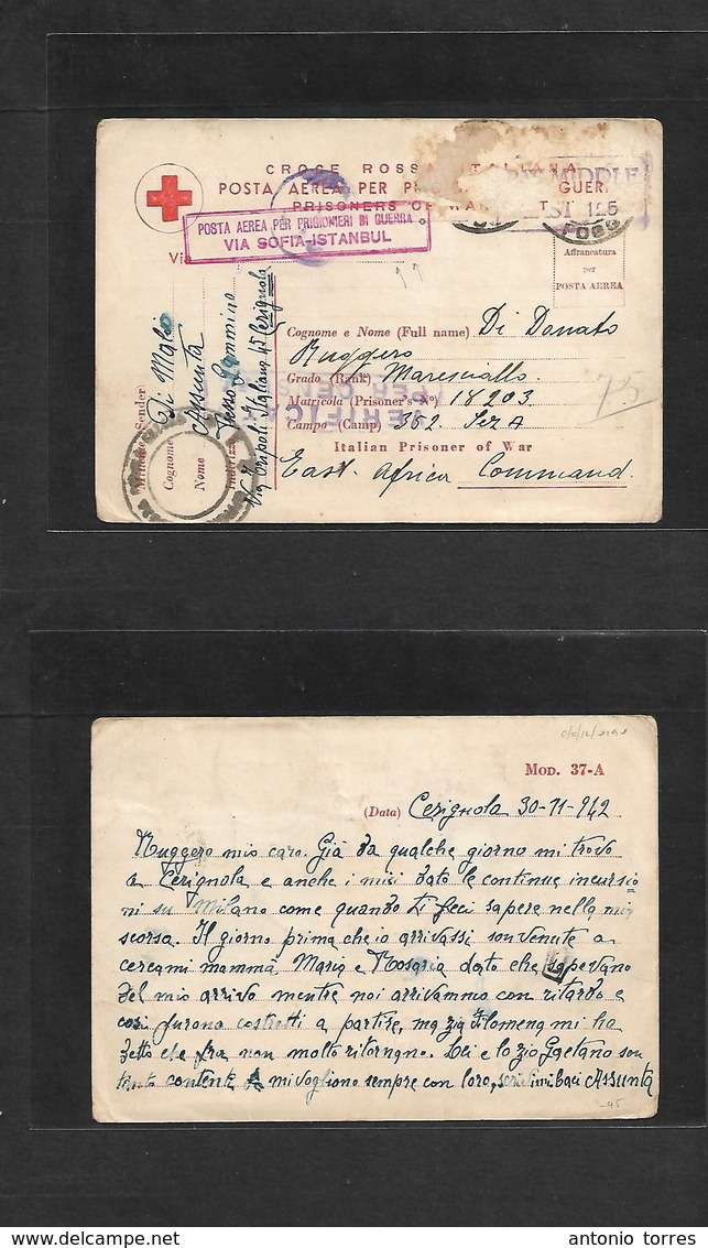 Bc - East Africa. 1942 (30 Nov) Italy POW Internee Mail. Cerignole, Italy - East Africa. Via Airmail Sofia, Bulgaria - I - Otros & Sin Clasificación