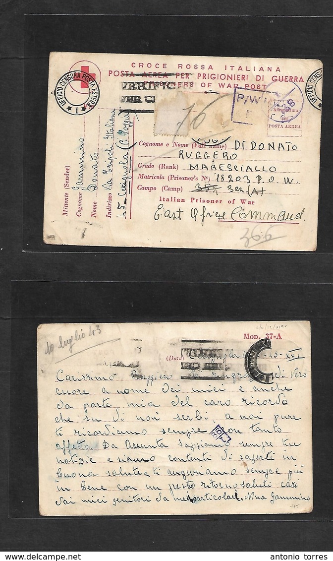 Bc - East Africa. 1943 (10 Feb) Italian PO Internees. Italy, Cerignola -  East Africa Command. Red Cross Card + Doble Ce - Other & Unclassified