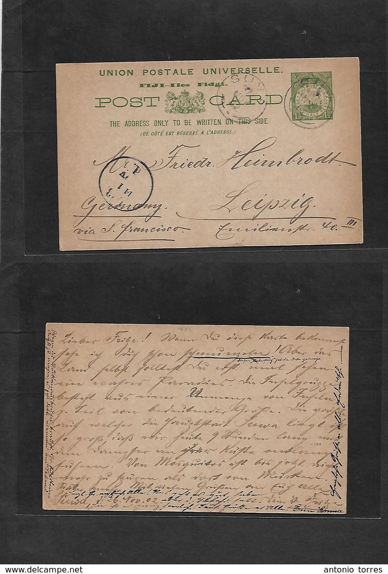 Bc - Fiji. 1882 (27 Nov) Suva - Germany, Leipzig (14 Jan 03) 1 1/2d Green Stat Card. Via San Francisco. Fine Usage Long  - Andere & Zonder Classificatie