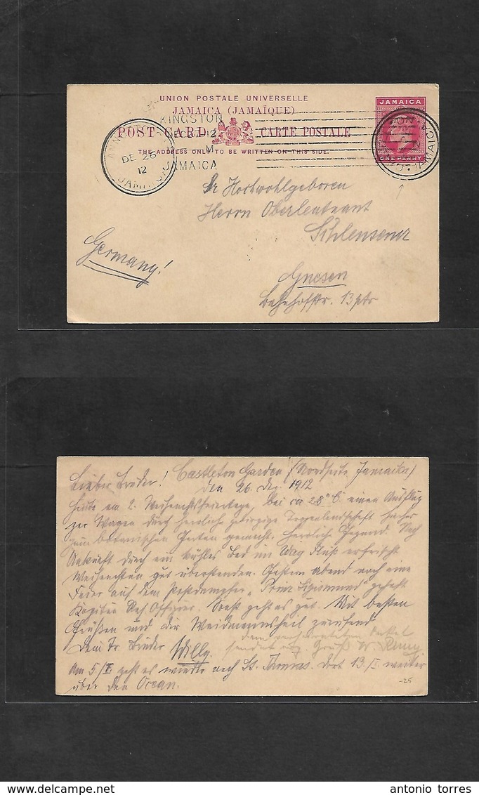 Bc - Jamaica. 1912 (26 Dec) Cassilton, Annottocan - Germany, Gnesen. 1d Red Stat Card, Rolling Cachet Kingston. Fine Vil - Autres & Non Classés