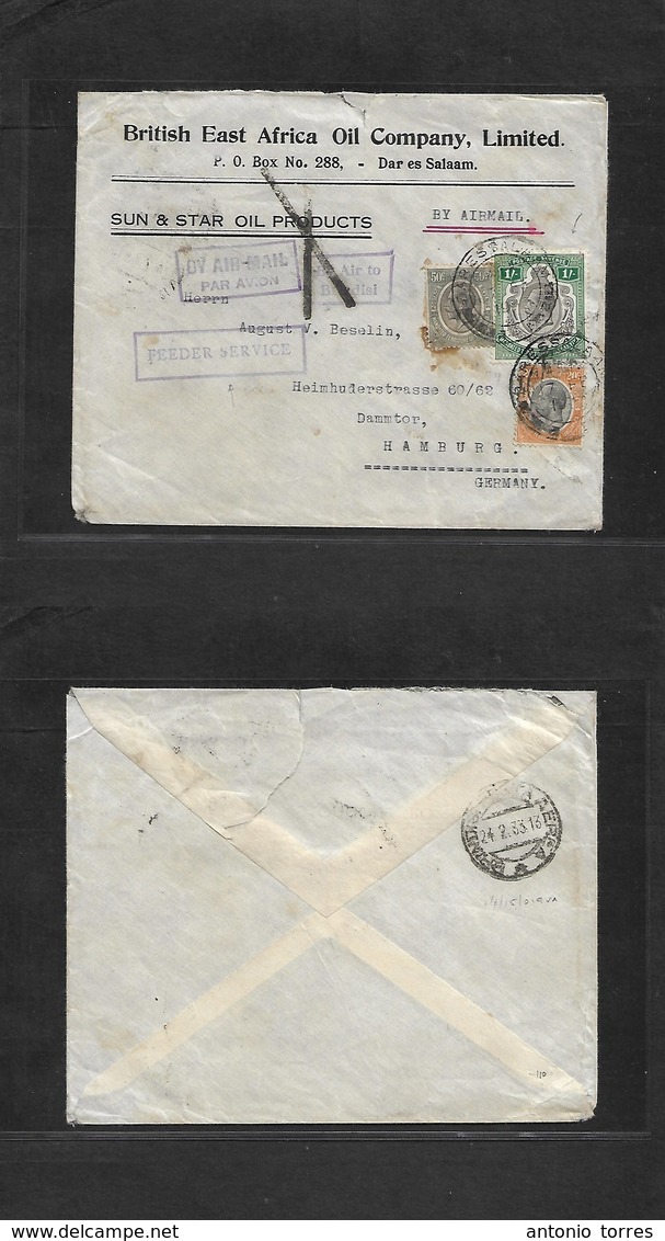 Bc - Kenya. 1933 (17 Feb) Dar Es Salaam - Germany, Hamburg Via Brindisi (24 Febr) Feeder Service Violet Cachet. Multifkd - Autres & Non Classés