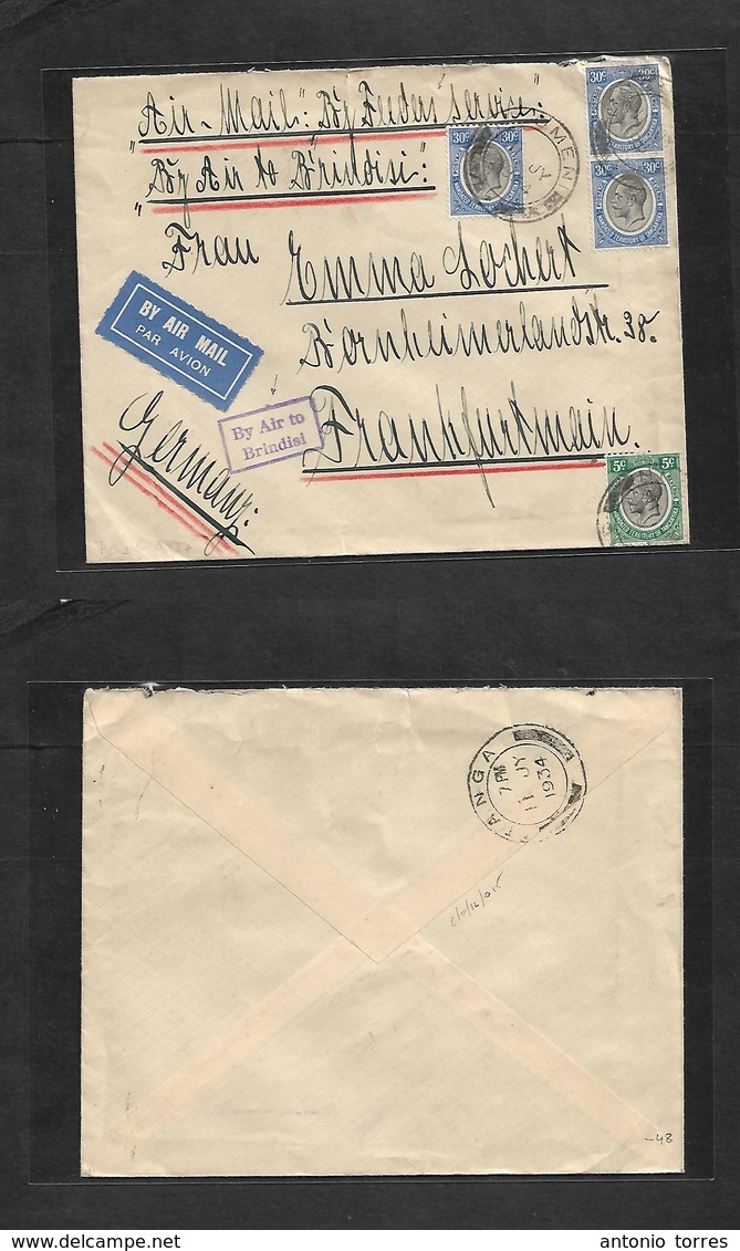 Bc - Kenya. 1934 (11 July) NGOMENI - Germany, Frankfurt. Via Tanga. "By Feeders Service" Mns + "By Air To Brindisi" Fkd  - Other & Unclassified