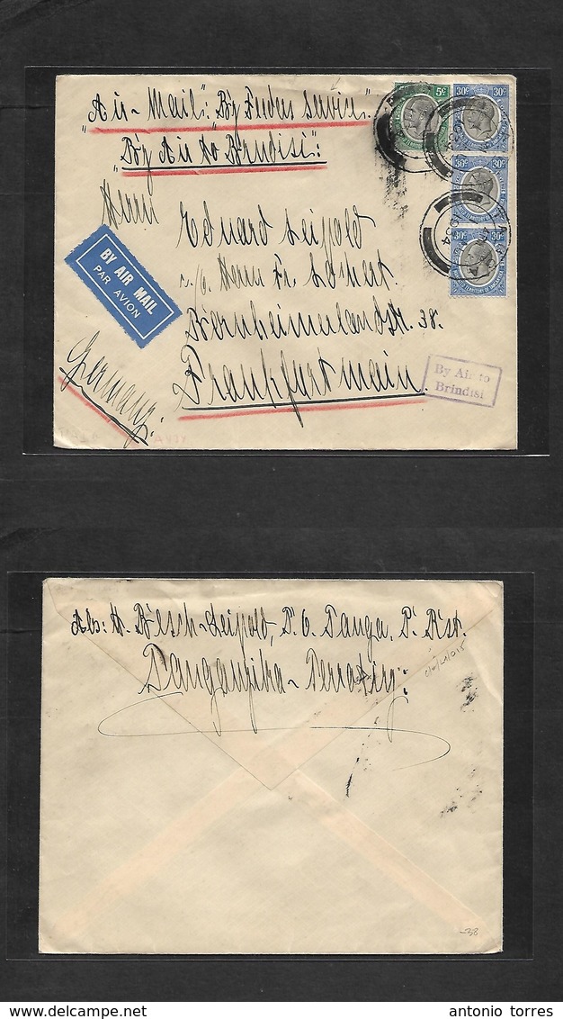 Bc - Kenya. 1934 (1 Aug) Tanga - Germany, Frankfurt. "By Feeders Service" Air Multifkd Envelope 95c Rate Violet Cachet B - Other & Unclassified
