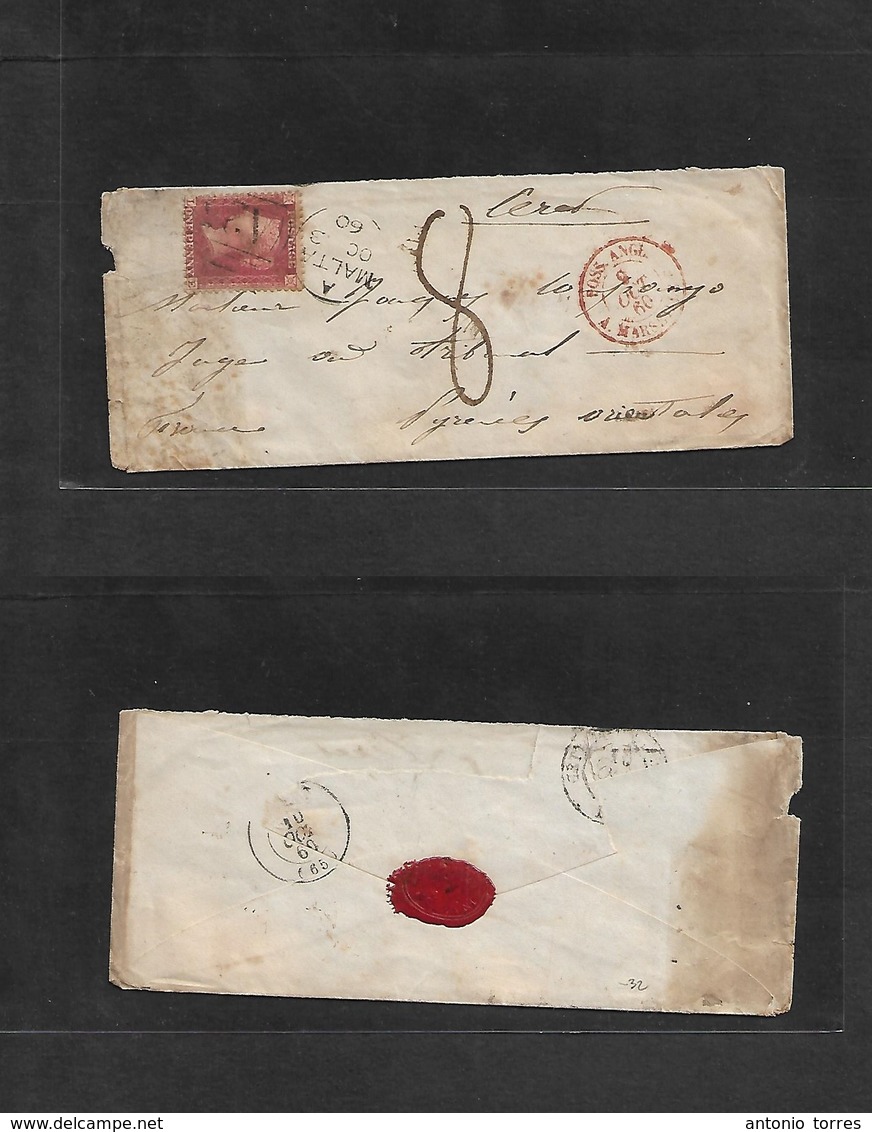Bc - Malta. 1860 (Oct 3) GPO - France, Erat, Pyrinees (10 Oct) Fkd Early Envelope 6b 1d Red Perf Tied A-26 + Cds Charged - Other & Unclassified
