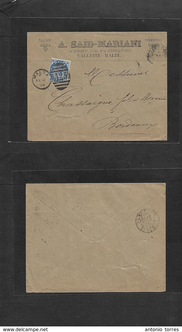 Bc - Malta. 1892 (Feb 12) GPO Valetta - France, Bordeaux (17 Feb) Illustrated Business Fkd Env Single QV 2 1/2 Intense B - Other & Unclassified