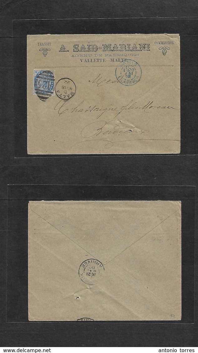 Bc - Malta. 1892 (May 16) GPO Valetta - France, Bordeaux (21 May) Illustrated Comercial Business Fkd Env QV 2 1/2d. Inte - Other & Unclassified