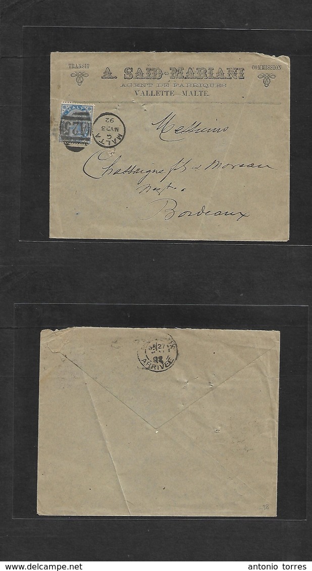 Bc - Malta. 1892 (May 23) GPO Valetta - France, Bordeaux (27 May) Illustrated Fkd Envelope Comercial Business. Singe QV  - Autres & Non Classés