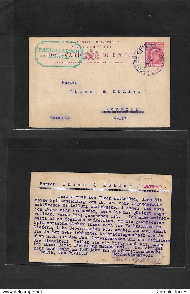 Bc - Malta. 1910 (28 Dec) GPO - Germany, Detmold. K. Ed VII 1d Red Stat Card Violet Cachet "Soc Navio Maritimo Adria / S - Autres & Non Classés