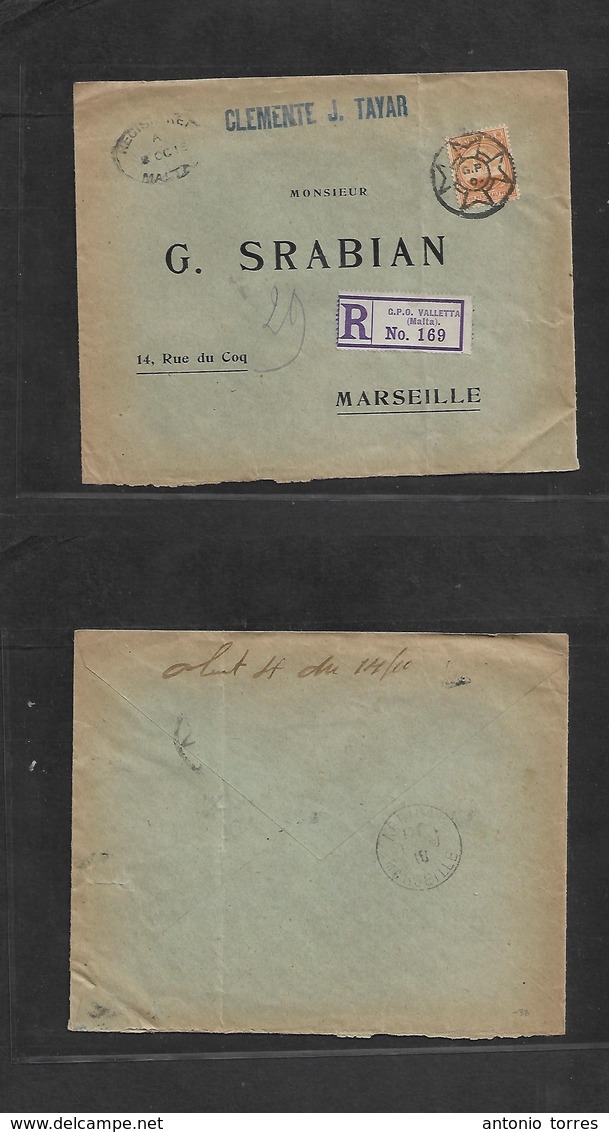 Bc - Malta. 1915 (Oct 8) GPO Valetta - France, Marseille. Registered Fkd 2 1/2d Orange Envelope. Maltese Cross GP. 9 Cac - Other & Unclassified