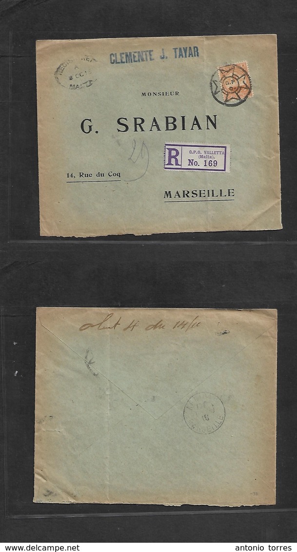 Bc - Malta. 1915 (Oct 8) GPO Valetta - France, Marseille. Registered Fkd 2 1/2d Orange Envelope. Maltese Cross GP. 9 Cac - Andere & Zonder Classificatie