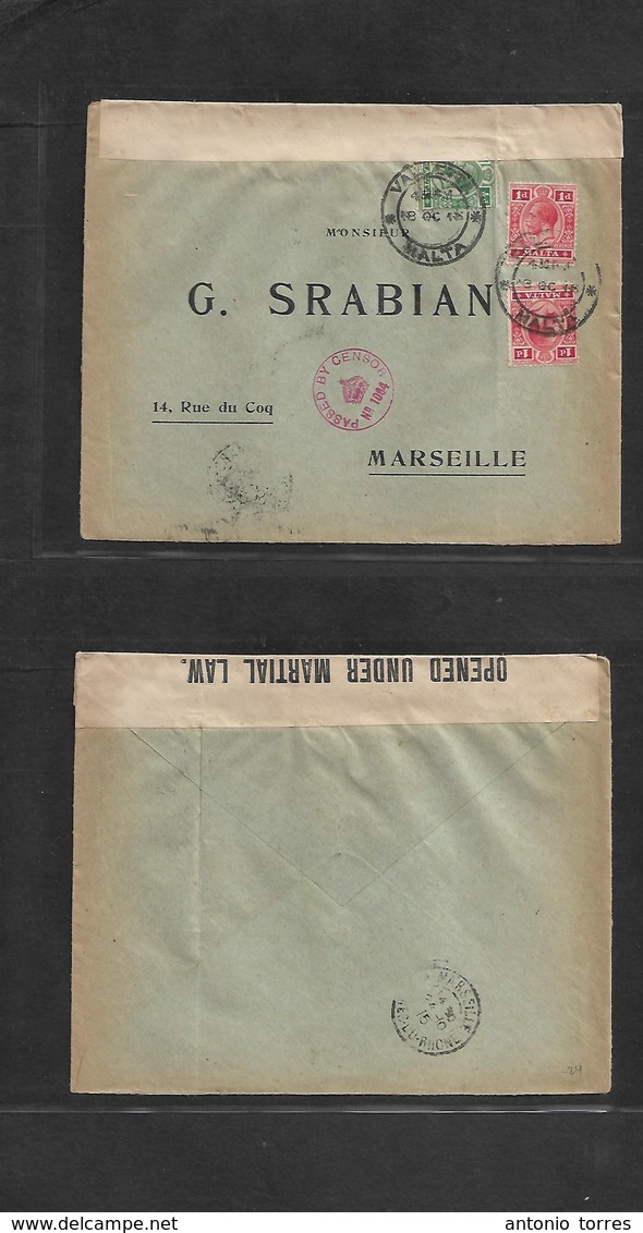 Bc - Malta. 1915 (18 Oct) Valetta - France, Marseille (24 Oct) Multifkd Envelope Red Censor Cachet + Label. Fine. - Sonstige & Ohne Zuordnung