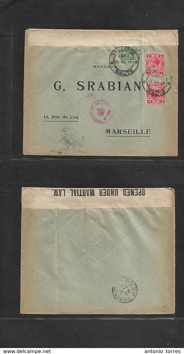 Bc - Malta. 1915 (18 Oct) Valetta - France, Marseille (24 Oct) Multifkd Envelope Red Censor Cachet + Label. Fine. - Andere & Zonder Classificatie