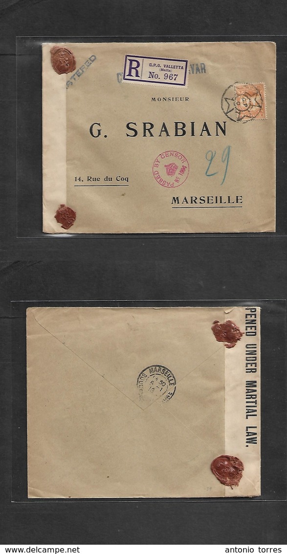 Bc - Malta. 1916 (Jan) GPO - France, Marseille (5 Jan) Registered Single 2 1/2d Orange Fkd Env + Censor Label + Red Cach - Other & Unclassified