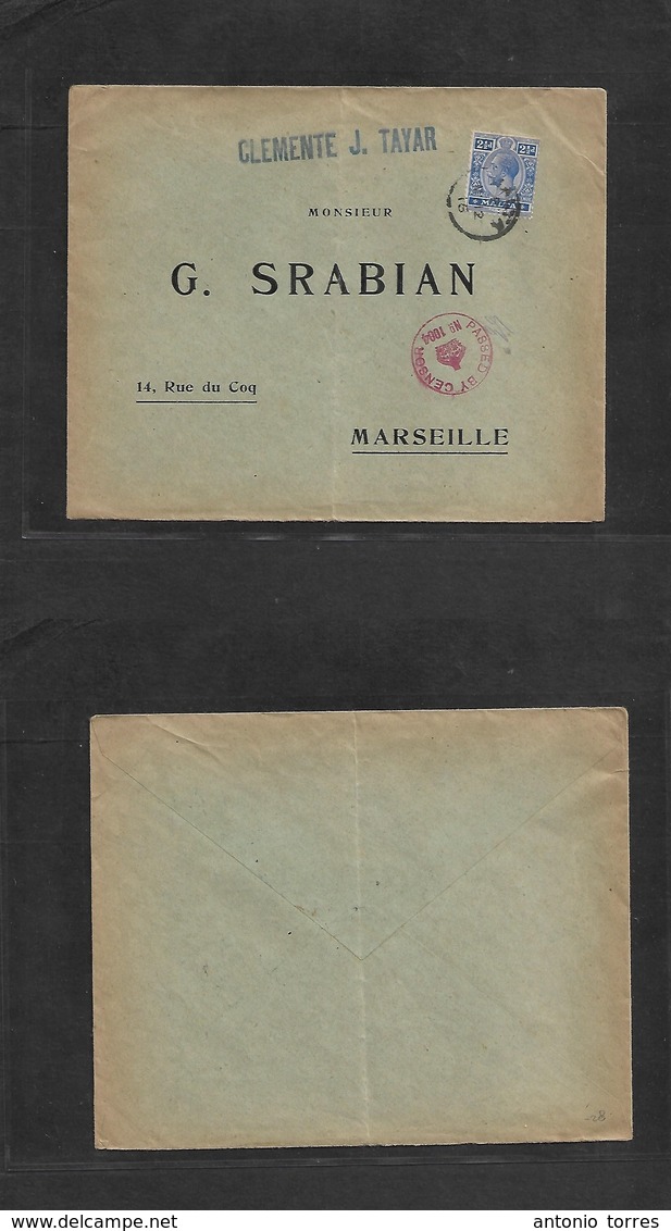 Bc - Malta. 1916 (May 12) GPO - Marseille, France. Fkd Env 2 1/2 D Blue, Tied Single Cds Small Old Tye + Red Censor Cach - Autres & Non Classés