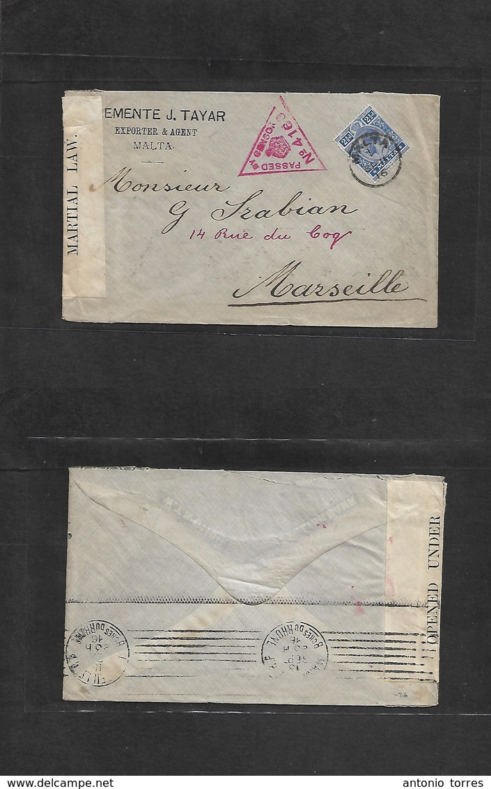 Bc - Malta. 1916 (Sept 11) WWI. GPO - France, Marseille (15 Sept) Fkd 2 1/2d Blue Env, Tied Small Old Cds + Censored Red - Autres & Non Classés