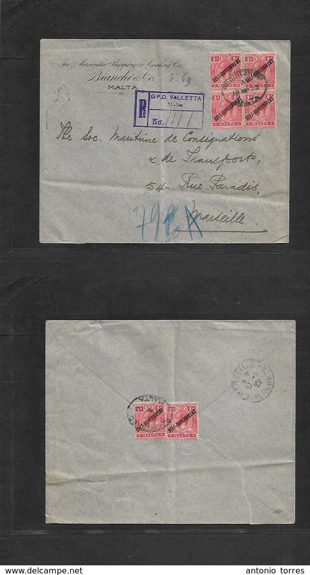 Bc - Malta. 1922 (18 March) Valetta GPO - France, Marseille (22 March) Registered Multifkd "Self Gumt" Ovptd Issue. Bloc - Andere & Zonder Classificatie