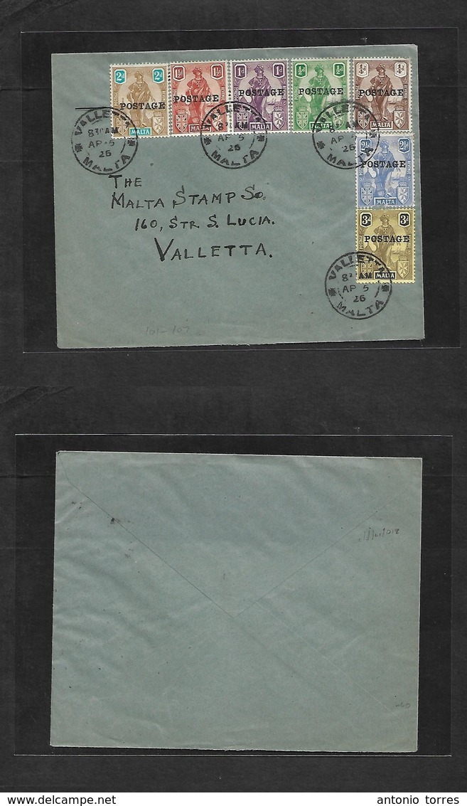 Bc - Malta. 1926 (Ap 5) Valetta Local Usage. Fkd Envelope With 7 Diff "postage" Ovptd Values, Tied Cds. - Autres & Non Classés