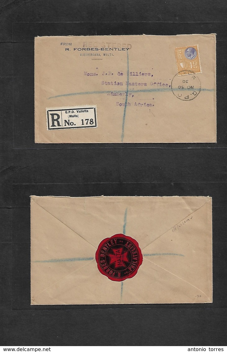Bc - Malta. 1930 (Nov 30) Valetta - South Africa, Kimberly. Registered Single 4 1/2d Fkd Envelope. African Destination. - Other & Unclassified