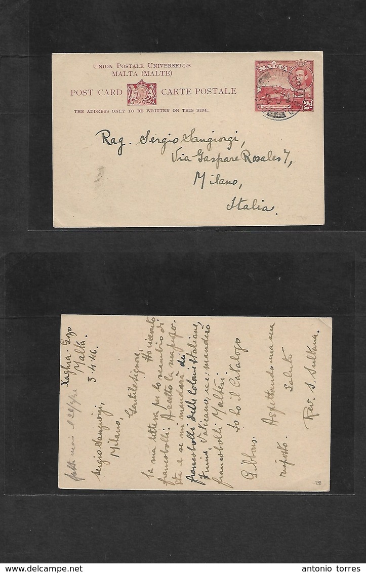 Bc - Malta. 1946 (26 Apr) Xaghra, Gozo - Italy, Milano 2d Red Stationery Card. Fine Used. - Other & Unclassified