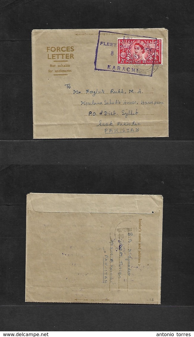 Bc - Malta. 1953 (3 July) Malta - Pakistan. Forces Letter GB Fkd Lettersheet With Violet Cachet "in Fleet Service / Kara - Other & Unclassified