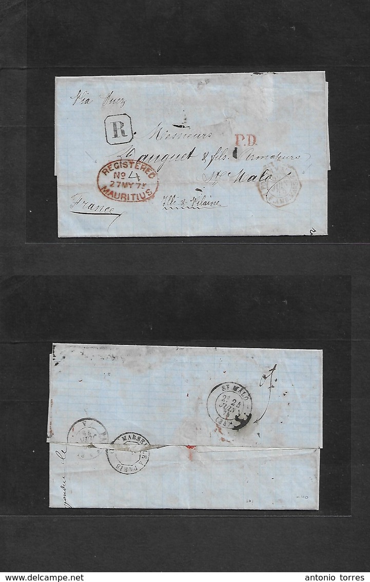 Bc - Mauritius. 1875 (27 May) GPO - France, St. Malo. Registered EL Red Depart Registered Cachet + "R" + Red Octogonal " - Andere & Zonder Classificatie