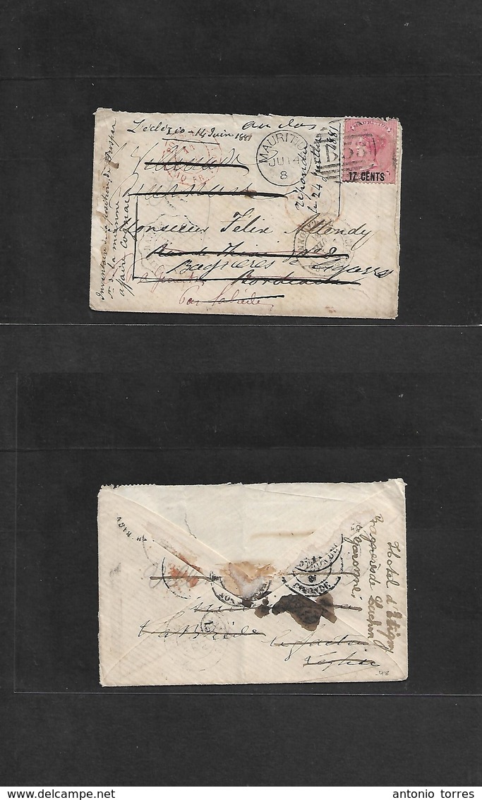Bc - Mauritius. 1881 (14 June) GPO - France (10 July) 12c Rose Ovptd Issue B - 53 Grill Tied Fkd Env, Fwded 4 Times. Int - Other & Unclassified
