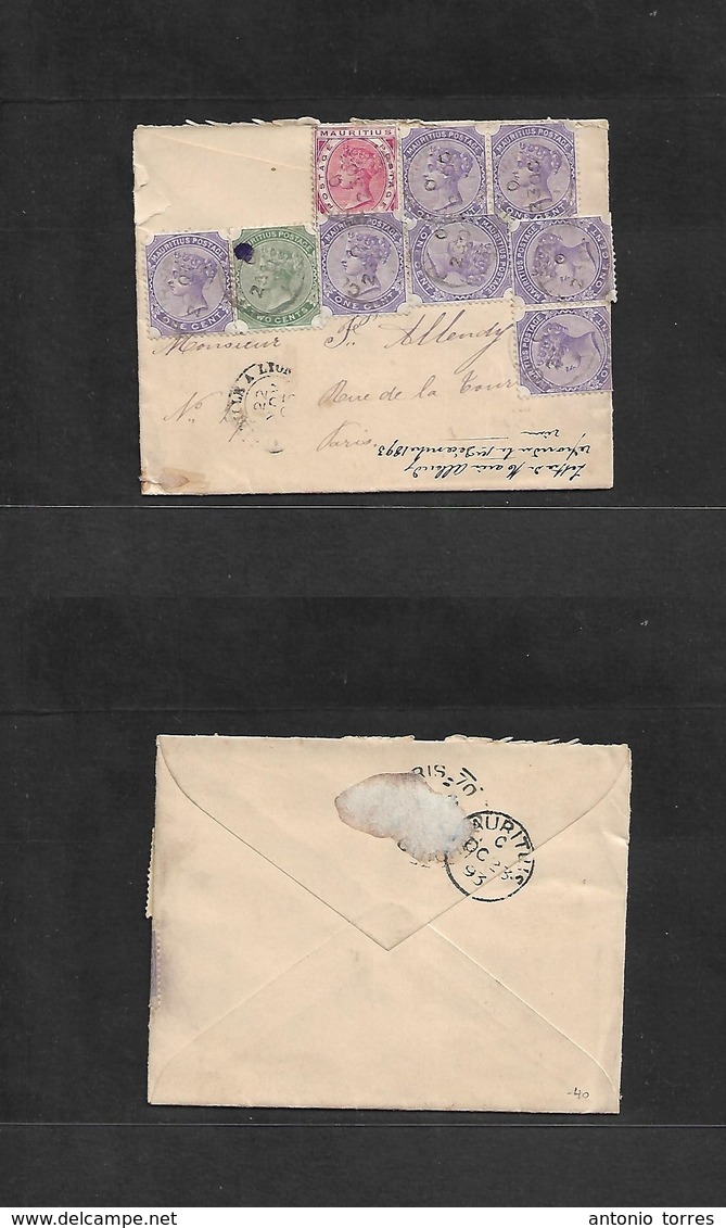 Bc - Mauritius. 1893 (23 Oct) Cupipe - France, Paris (22 Nov) Multifkd QV Envelope (9 Stamps) (further Two Missing In Tr - Other & Unclassified