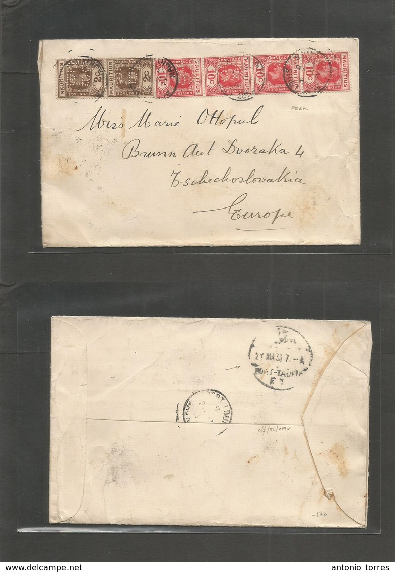 Bc - Mauritius. 1933. Port Louis - Czechoslovakia, Brunn. Multifkd Env. PERFIN Stamps "BB&Cº" Diff Routings Via Port Tan - Otros & Sin Clasificación