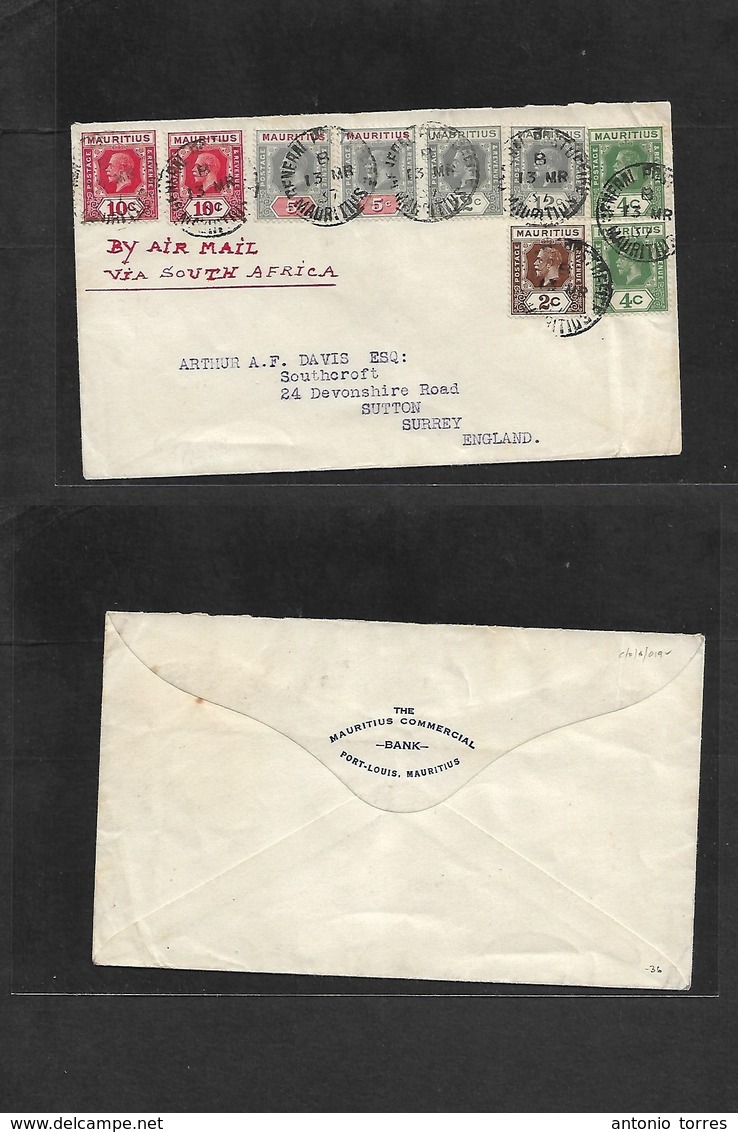 Bc - Mauritius. 1937 (13 March) GPO - UK, Sutton, Surrey. Air Via South Africa Multifkd Envelope. VF Appealing Item. - Autres & Non Classés