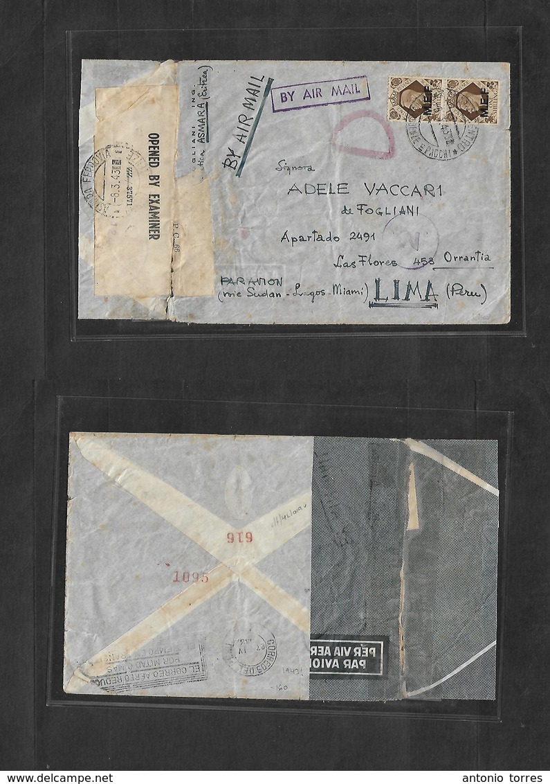 Bc - Mef. 1943 (8 March) Asmara, Eritrea - Peru, Lima, South America (27 April) Air Multifkd Envelope Depart Censored La - Other & Unclassified