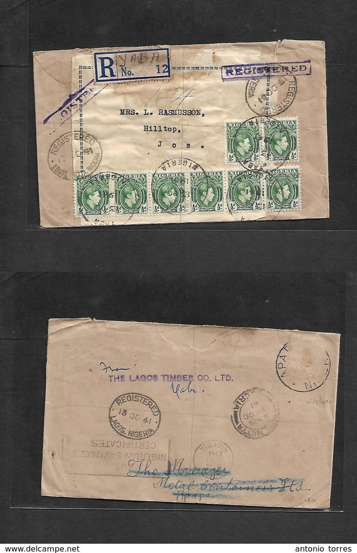 Bc - Nigeria. 1941 (13 Oct) Yaba - Jose (17 Oct) Registered Multifkd Envelope + Via Ebute, Metta, Apad. Reverse Stamps M - Other & Unclassified