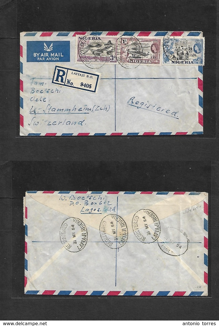 Bc - Nigeria. 1954 (31 May) Lafiaji - Switzerland, Oele, Stammhern. Registered Air Multifkd Envelope At 2sh 4d Rate. Via - Autres & Non Classés