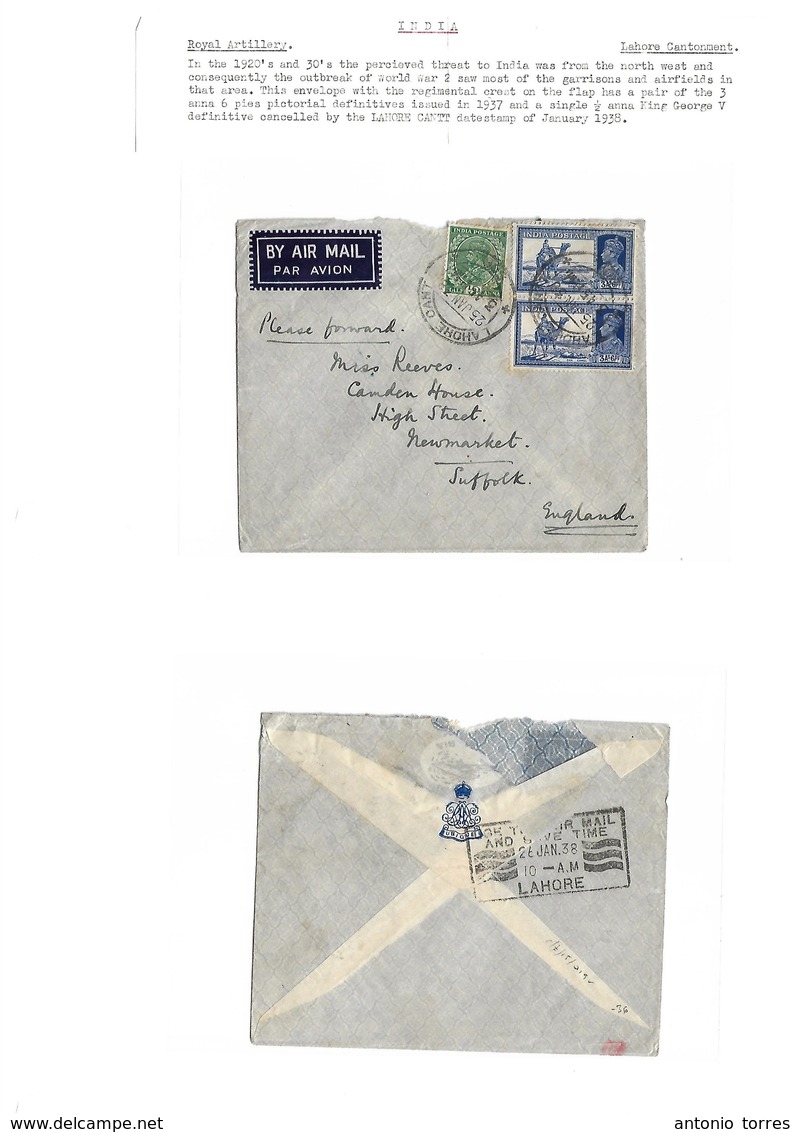 BC - Pakistan. 1938 (25 Jan) India, Lahore, Cantt - UK, Suffolk, Newmaket. Air Multifkd Env. Better Garrison Cachet. - Autres & Non Classés