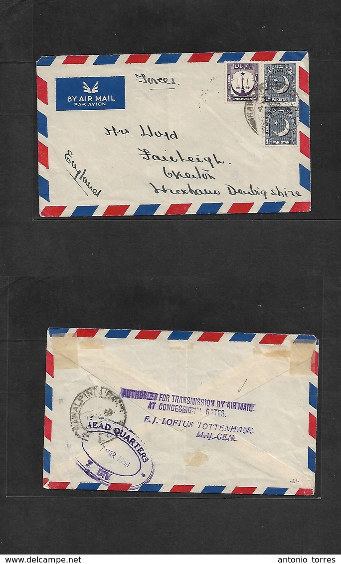 Bc - Pakistan. 1950 (7 March) British Forces  Headquarter - UK, Oxenton, Wrexham. Air Multifkd Envelope + Reverse Rawal  - Autres & Non Classés