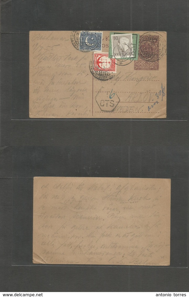 BC - Pakistan. 1955 (19 July) Peshawar - Sweden, Ariov. Lilac Stat Card + 2 Adtls + Taxed + Swedish Postage Dues, Tied + - Autres & Non Classés