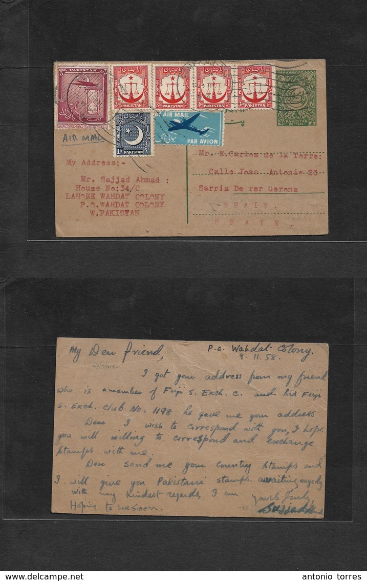 BC - Pakistan. 1958 (9 Nov) Wahdat Colony - Spain, Sarria De Ter, Gerona. Green Stat Card + 6 Adtls On Air Multifkd Usag - Altri & Non Classificati