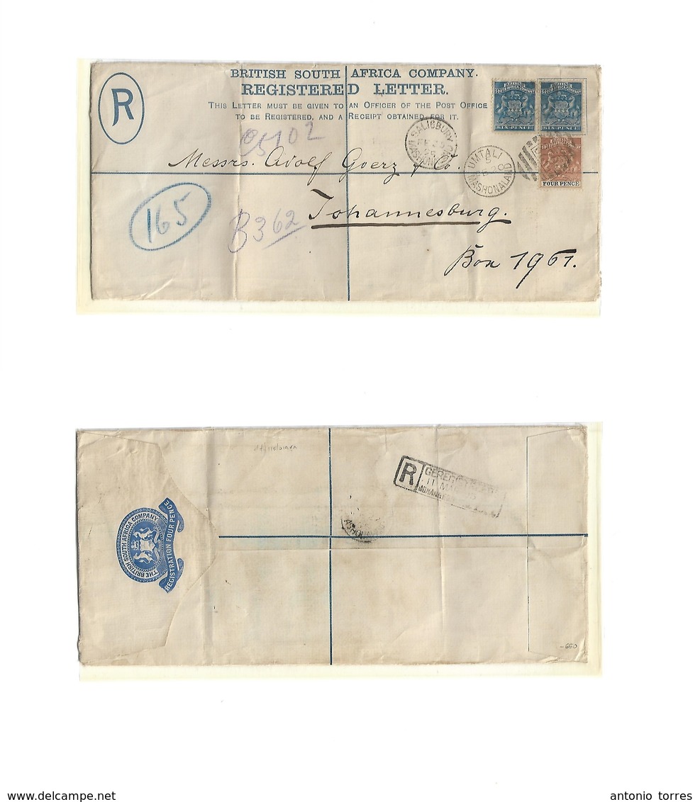 Bc - Rhodesia. 1895 (20 Feb) Umtali - Joburg, South Africa (11 March) Via Salisbury. BSAC 4d Blue Registered Stat Env +  - Autres & Non Classés
