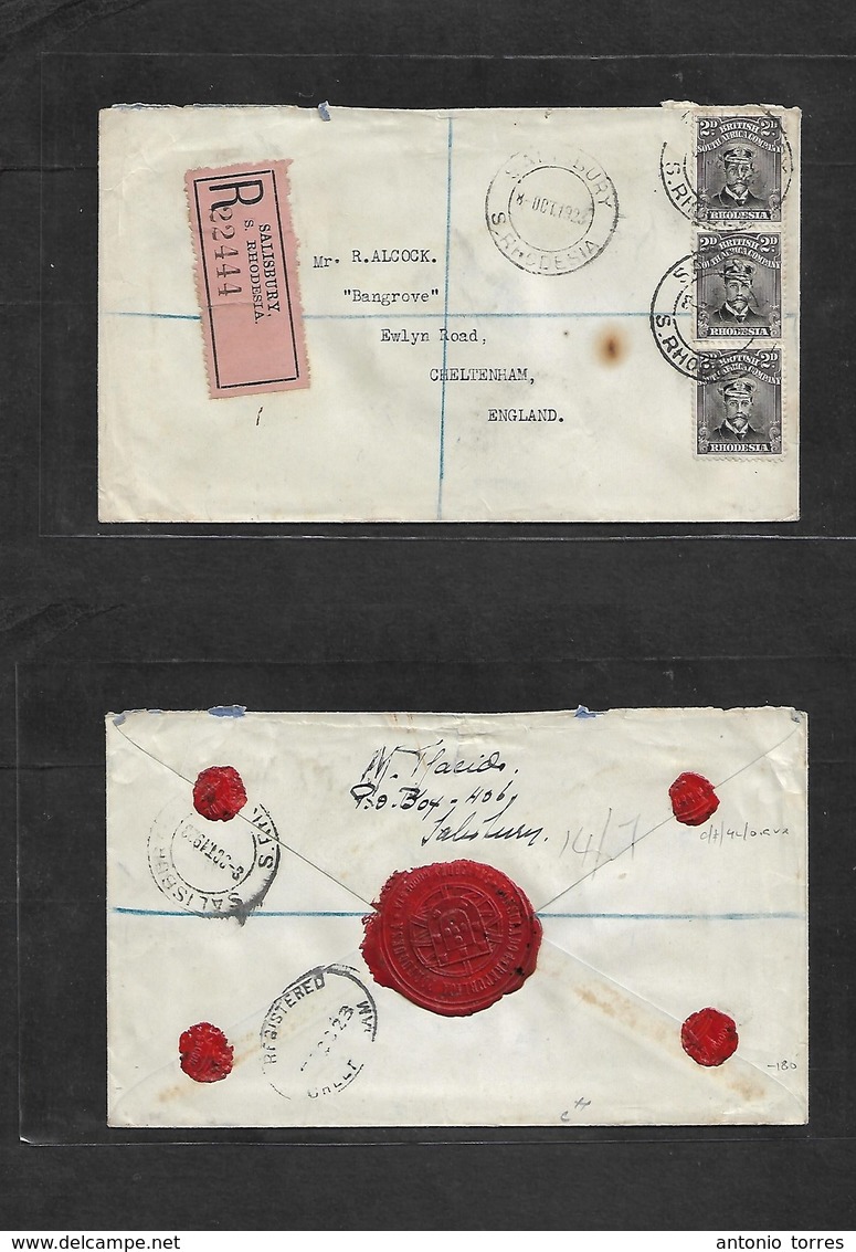 Bc - Rhodesia. 1923 (8 Oct) Salisbury - UK, Cheltenham. Registered Multifkd Envelope By 2d Vertical Stamp Of Three Admir - Autres & Non Classés