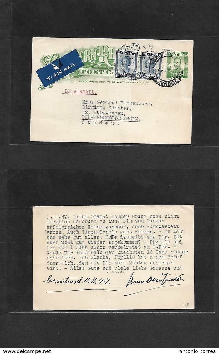 Bc - Rhodesia. 1947 (1 Nov) SR Salisbury - Sweden. Stockholm 1/2 Green Stat Card + 2 Adtls On Air Usage. Fine, Mixed Kin - Other & Unclassified