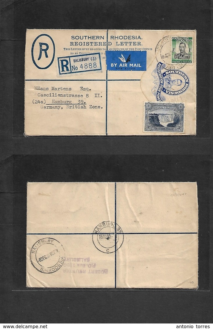 Bc - Rhodesia. 1950 (8 Dec) Salisbury - Germany, Hamburg (13 Dec) Air Registered Multifkd 4d Blue Stationary Envelope +  - Andere & Zonder Classificatie