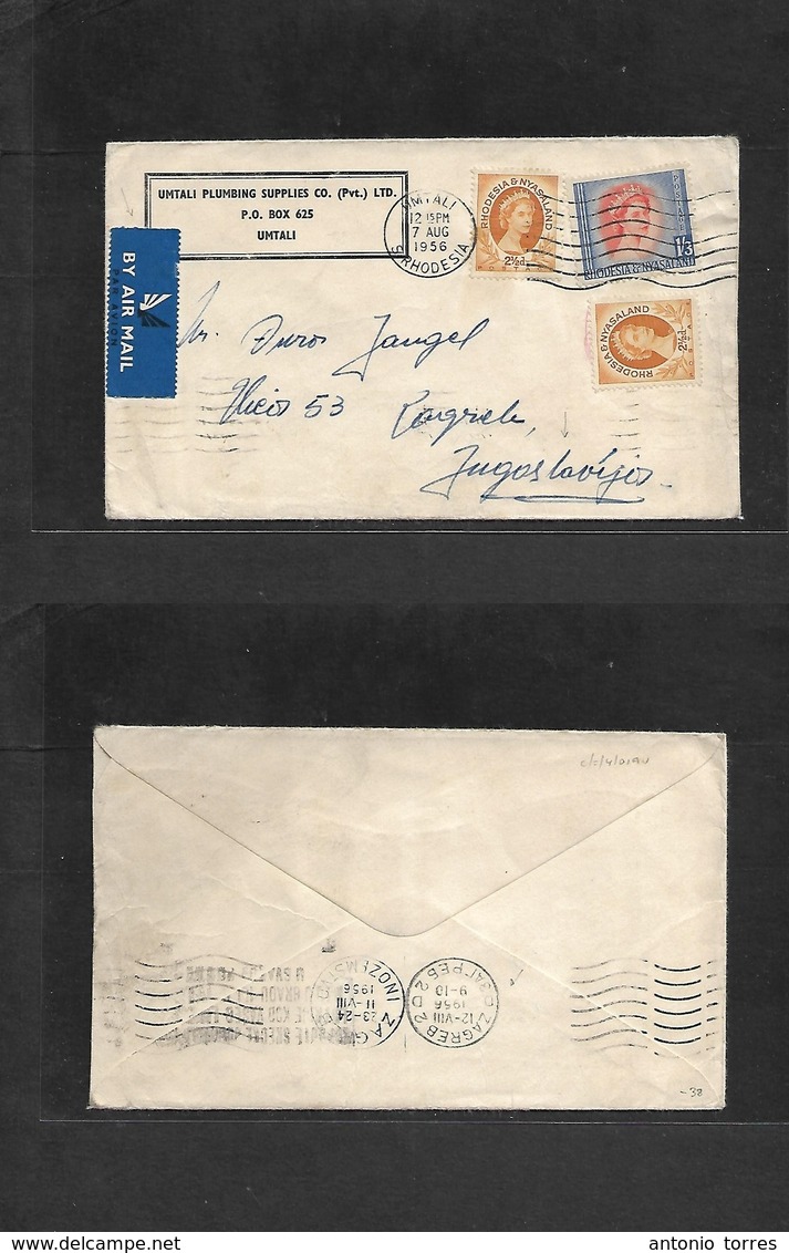 Bc - Rhodesia. 1956 (7 Aug) Umtali - Yougoslavia, Zagreb (12 Aug) Air Multifkd QEII Envelope. 1sh 8d Rate Rolling Cds Ca - Other & Unclassified