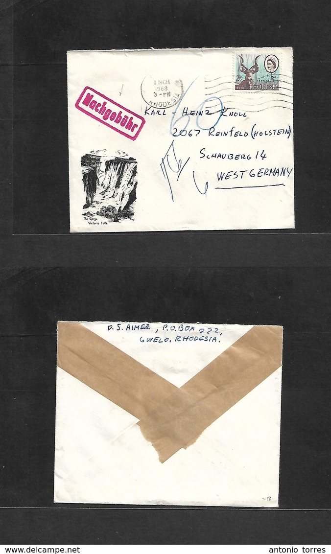 Bc - Rhodesia. 1968 (1 March) Gwelo - West Germany. Fkd 3d Illustrated Waterfall Envelope + Due Red Postmark German Cach - Other & Unclassified