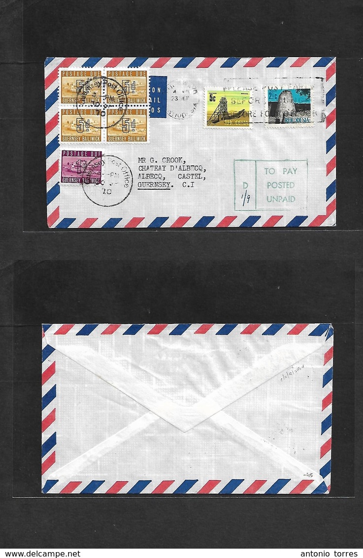 Bc - Rhodesia. 1970 (23 Sept) Bulawayo - Guernsey, Channel Islands, GB. Air Multifkd Env + Taxed + Open Pd Cachet + Arri - Other & Unclassified