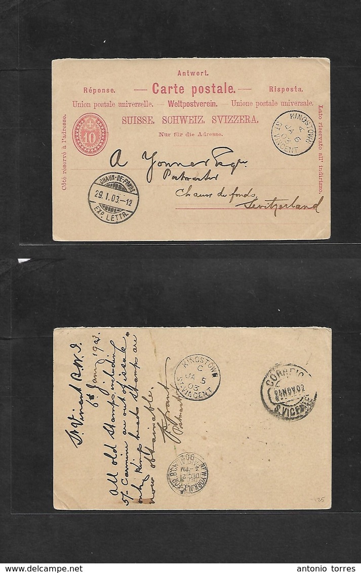 Bc - St. Vincent. 1903 (6 Jan) Kingstown. Switzerland Reply Half Stationery Card On Proper Usage Back To Chaux Du Fonds  - Otros & Sin Clasificación