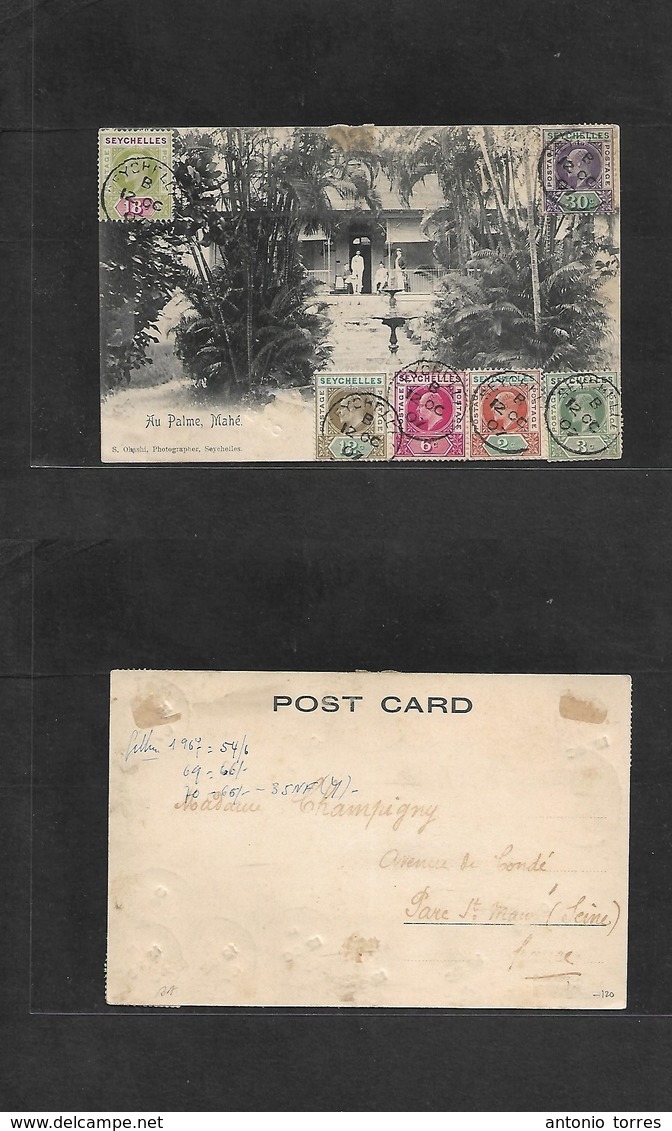 Bc - Seychelles. 1907 (12 Oct) GPO - France, Parc St. Mauritz. Multifkd Mahe Ppc. K. Ed VII Issue, 6 Vals Cds. Fine. - Andere & Zonder Classificatie