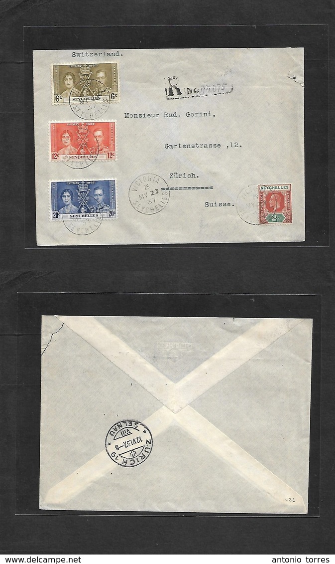 Bc - Seychelles. 1937 (May 22) Victoria - Switzerland, Zurich (12 June) Registered Multifkd Env Incl 1937 Coronation. VF - Andere & Zonder Classificatie